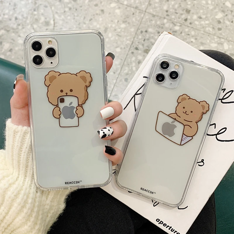 Funny Cute Bear Clear Phone Case For Iphone 12 Pro Max 12 Mini 11 Pro Xr Xs Max X 7 8 Plus Cartoon Animal Couple Soft Tpu Cover Mobile Phone Cases Covers Aliexpress