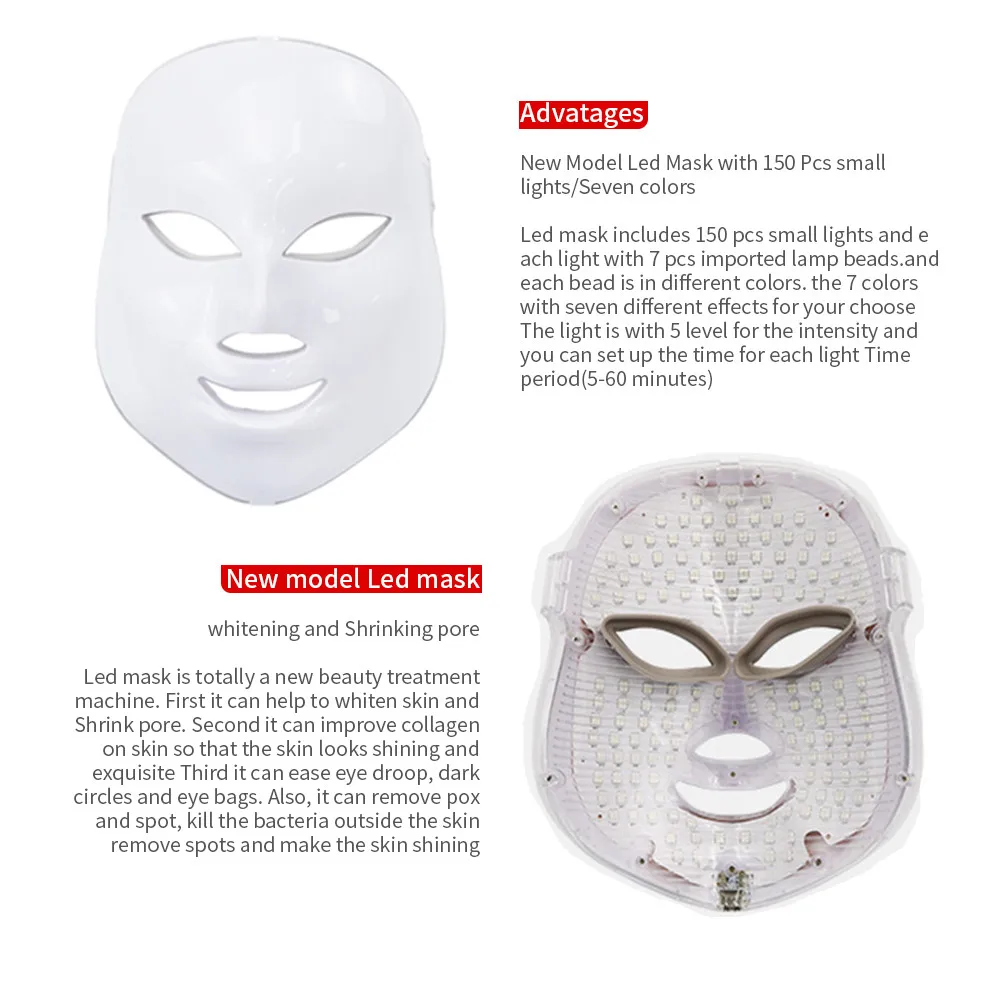 Best Led Mask Photon Electric LED Facial Mask 7 Colors Light Skin Care Rejuvenation Anti Wrinkle Acne Removal Therapy Salon tool Spa