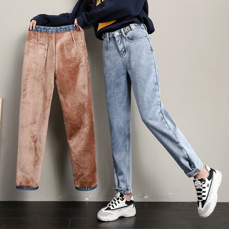 Яркие цвета, флисовые джинсы для женщин, зимние плотные свободные джинсовые штаны-шаровары, зимние джинсы, однотонные брюки, теплые штаны, женские, P9238