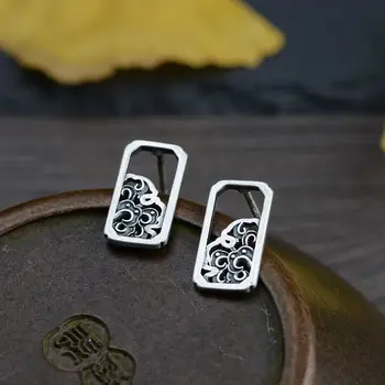 

FNJ FLower Square Earrings 925 Silver Original Pure S925 Sterling Silver Stud Earring for Women Jewelry Good Luck Cloud