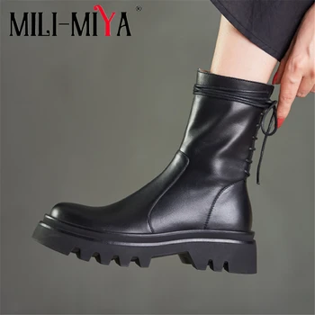 

MILI-MIYA New Arrival Back Tie Women Cow Leather Ankle Boots Round Toe Square Heels Solid Color Motorcycle Shoes Size 34-40