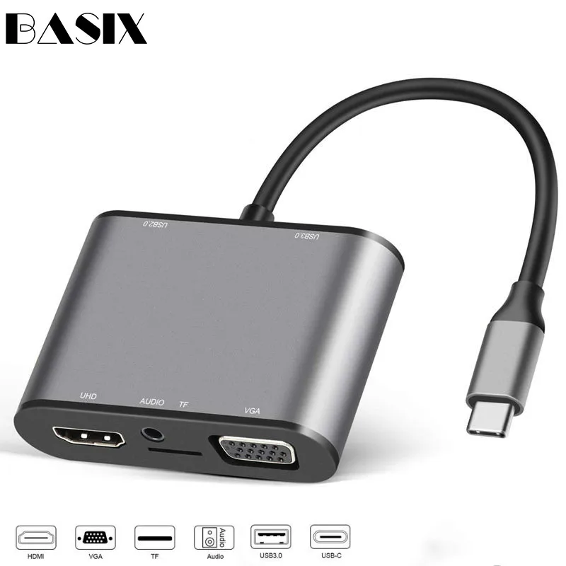 8 in 1 VGA HDMI HUB Basix Тип C концентратор к USB 3,0 Thunderbolt 3 HDMI VGA 3,5 мм аудио RJ45 адаптер для MacBook Pro samsung Galaxy S9 USB C концентратор - Цвет: 8 in 1 VGA HDMI HUB