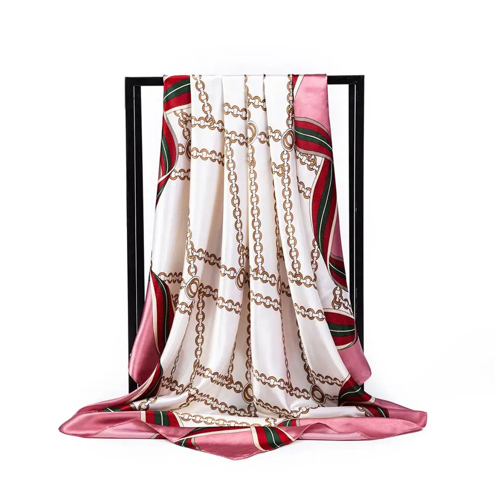 

Pink Silk Scarf for Women Striped Print Silk Foulard Large Square Scarves Neckerchief Satin Head Hijab Large Wraps 90*90cm