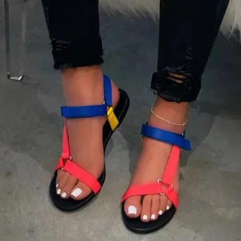 

Rubber Velcro Open Toe Colorful Color Block Sandals Women 2020 Summer Fashion Casual Outdoor Beach Flat Shoes Leopard Black