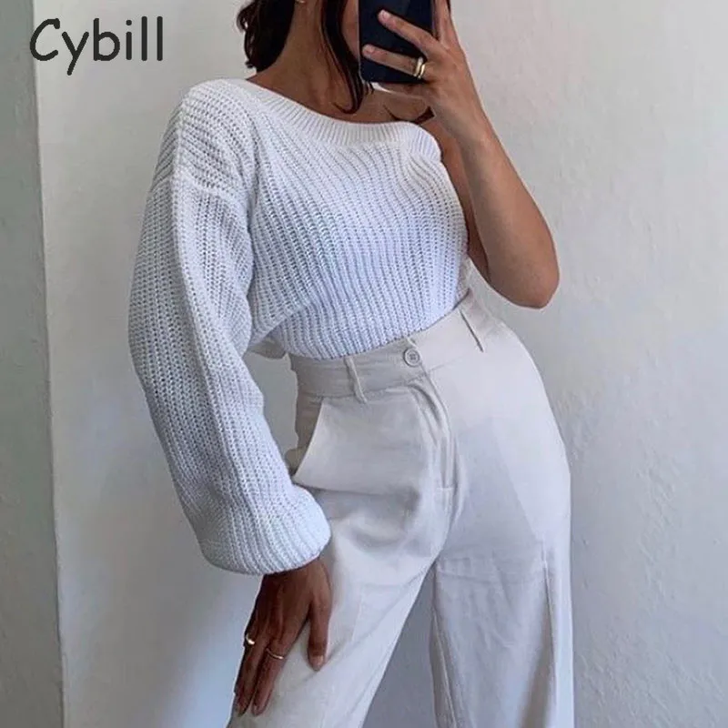 Женский вязаный свитер на одно плечо Cybill белый с длинным рукавом осень и зиму 2020 |