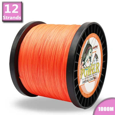 Power Braided Fishing Line 12 Strands 1000m 8 Colors Super Strong Japan Multifilament PE Braid Line 40LB 60LB 80LB 120LB 180LB - Color: orange