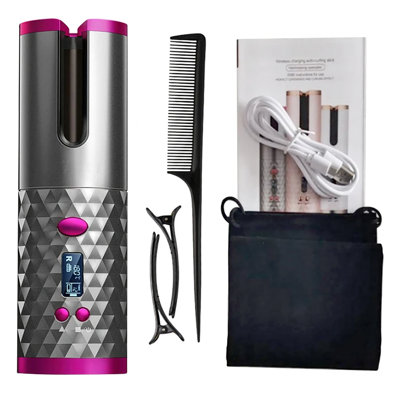 Portable Wireless Automatic Curling Iron Hair Curler USB Rechargeable for LCD Display Curly Machine with 1 Comb+2pc Clips Portab