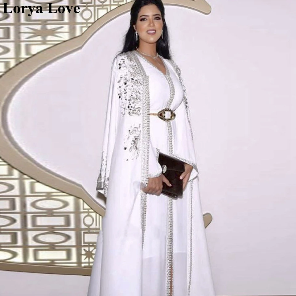 

White Muslim Evening Dresses Women Formal Party Night Long Sleeves A-Line Prom Gowns 2020 Saudi Arabia Dubai Wedding Party Dress
