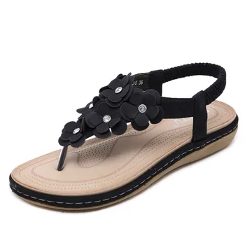 

SummerWomen Ladies Bohemia Sunflower Crystal Flat Sandals Beach Peep ToeShoes Bohemian Sun Flower Pearl Flat with Toe