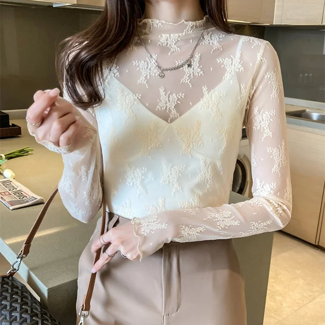 Korean Fashion Mesh Women Blouses Office Lady Shirt and Blouse Long Sleeve Floral Blusas Largas Loose Womens Sexy Tops Apricot