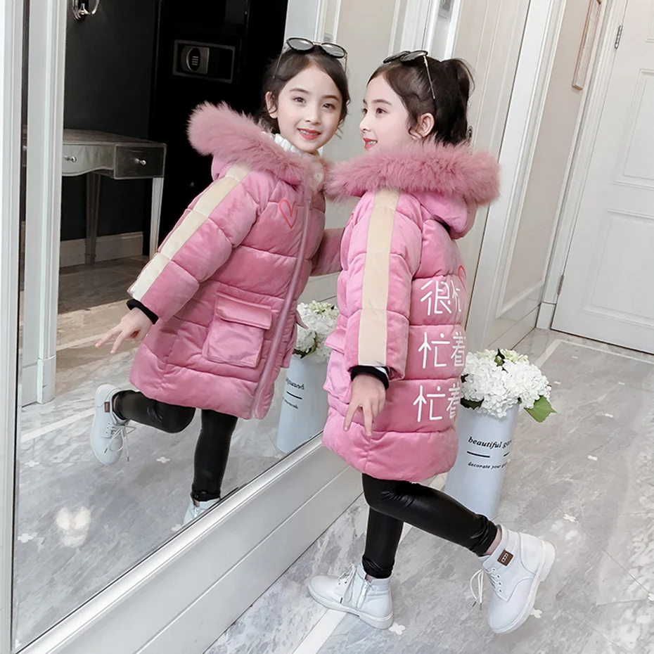 Down Coat For Girl Thick Velvet Girl Coats Kids Hoodies Fur Collar Children's Jacket Winter Fashion Clothes For Girls Christmas
