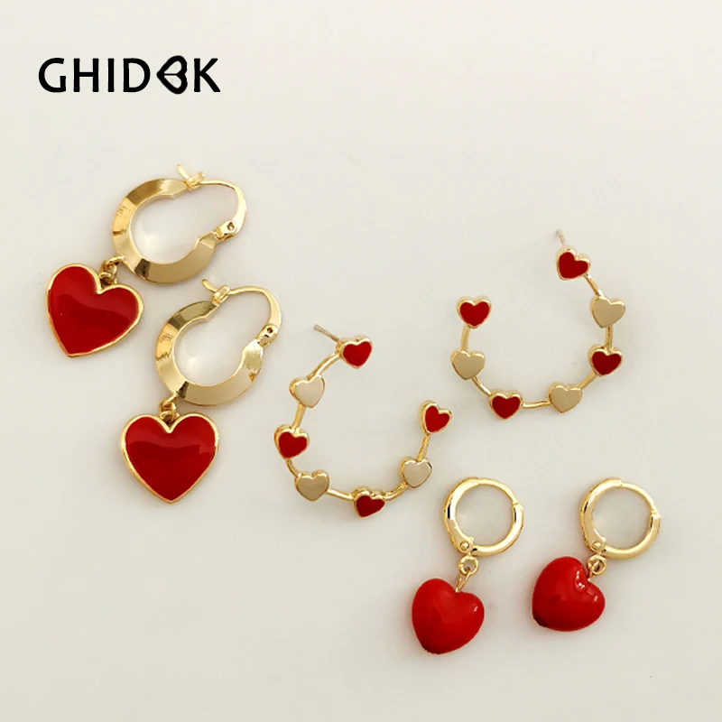 GHIDBK изящные красные подвески в форме сердца серьги кольца Huggie минималистичные
