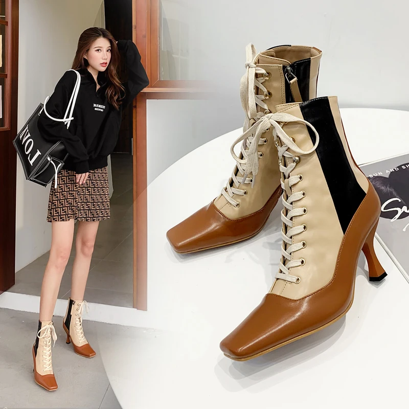

Fashion Women Square Toe Ankle Boots Mixed Color Thin Heels Cross Tied Lace Up Short Boots 2019 Autumn Boots Hot Sales Boots
