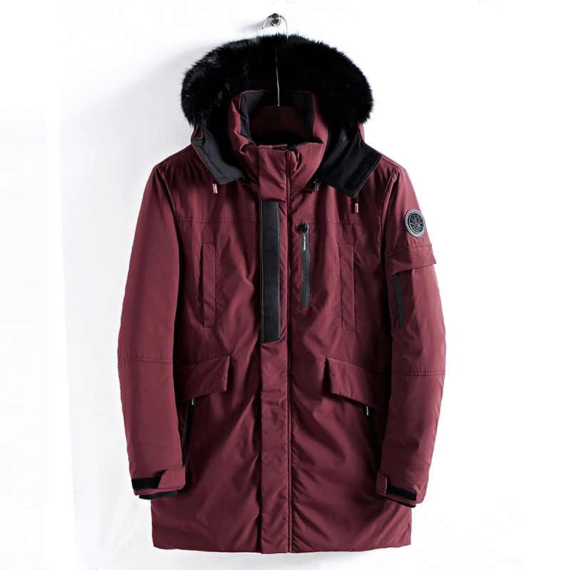 Бургундия Padded Winter Jacket Men Windproof Long Coat Parkas Hood Fur Collar Clothes Men's Windbreakers Large Size Warm Epaulet Outwear - Цвет: Бургундия