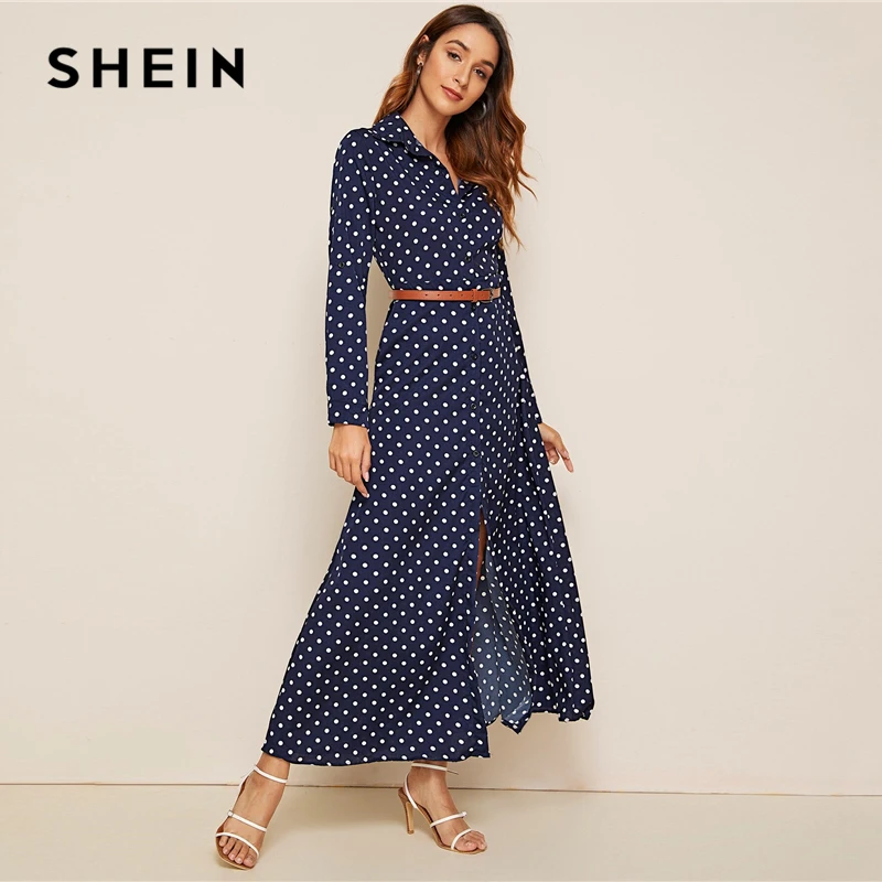 SHEIN Navy Polka Dot Print Buttoned Shirt Maxi Dress With Belted Women Autumn Long Sleeve Shift High Waist Casual Dresses