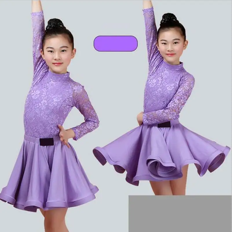 Purple Mid Sleeve Новинка; юбка для латинских танцев для девочек; юбки для бальных танцев, сальсы, танго; детское кружевное платье с разрезом для латинских танцев; трико и юбка - Цвет: Purple Mid Sleeve
