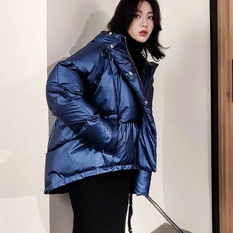 Autumn Winter fashion new Glossy Short Down Jacket Hooded Zipper Long Sleeve Warm Women's Solid Color Bread Coat cc823