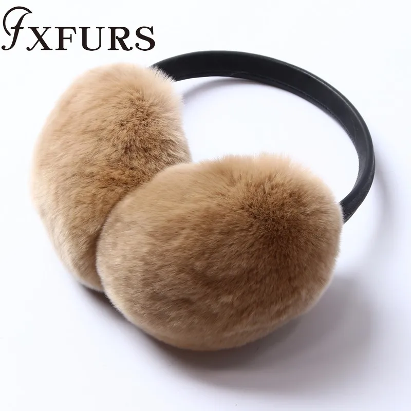 camel FXFURS/ женские модные меховые наушники с кроликом Рекс, с кожаной полкой, зимние теплые меховые наушники для девочек, меховые наушники - Цвет: camel