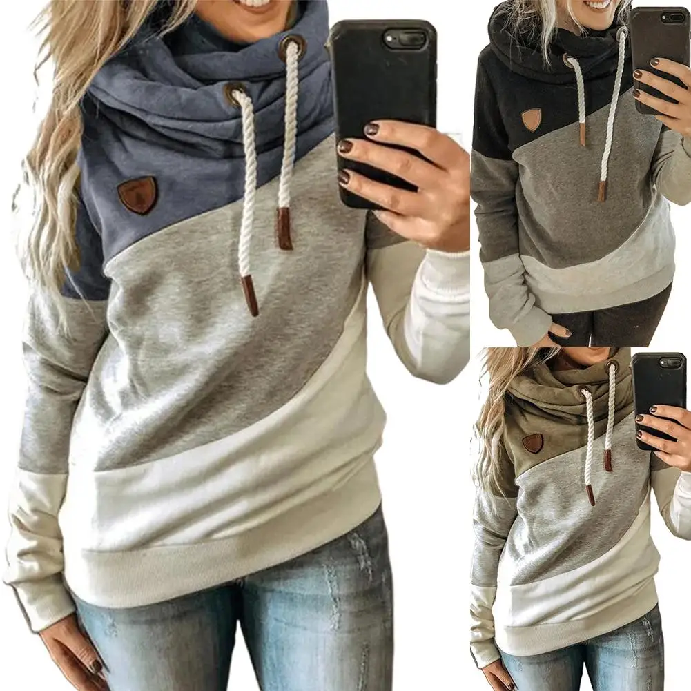

casual Women Autumn Winter Sports Stitching Color Hoodie Cotton Blend Long Sleeve Sweatshirt Pullover