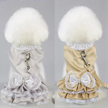 

00Summer Dog Dress Pet Dog Silk Clothes For Small Dogs Wedding Dress With Leash Puppy Clothing Sweet Princess Dress Pet Clothes