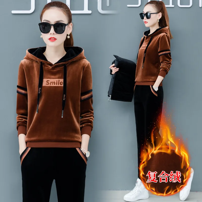 

Brushed And Thick Casual Sports WOMEN'S Suit 2019 Autumn And Winter New Style Loose-Fit Hooded Gold Velvet Hoodie Two-Piece Set