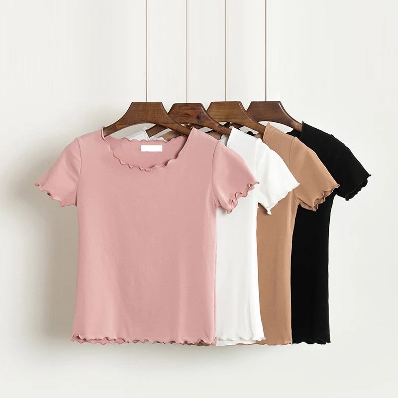 

Vintage Wood ears O neck Short sleeve T-shirt 2019 New Woman Slim Fit t shirt tight tee Summer Retro Tops 8 colors