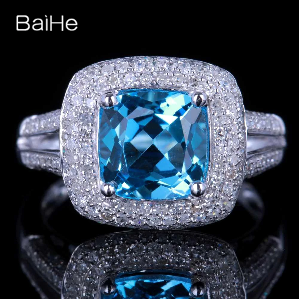 

BAIHE Sterling Silver 925 Blue Topaz Ring Women Man Engagement Fine Jewelry Luxury Pillow Ring טבעת טופז כחולה Hringur Dzwonić