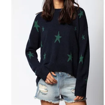 

100% Cashmere Women's Knit Sweater O-neck Long Sleeve Stars Lady Tops 2020 Early Spring Pullover