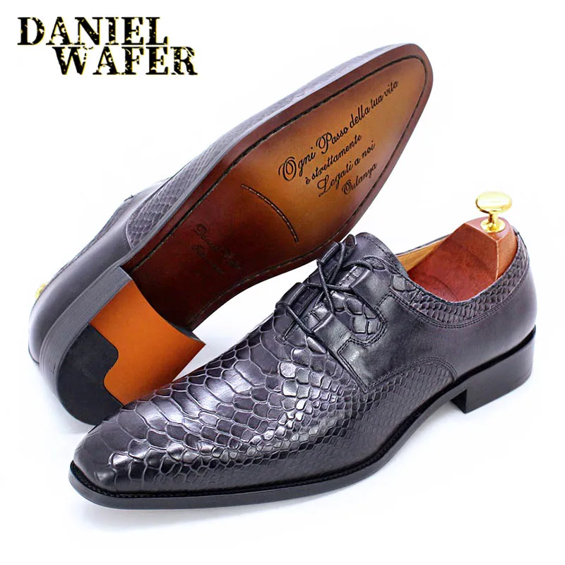 

FASHION MEN OXFORD SHOES SNAKESKIN PRINTS GENUINE LEATHER SHOES BLACK BROWN GRAY POINTED LACE UP WEDDING OFFICE DRESS SHOES MEN