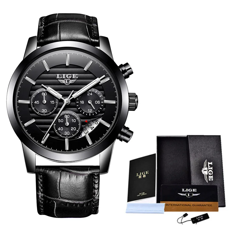 Relojes Hombre LIGE повседневные Модные кварцевые мужские часы из голубой кожи, военные водонепроницаемые часы, мужские часы с большим циферблатом, хронограф с датой+ коробка - Цвет: Black white