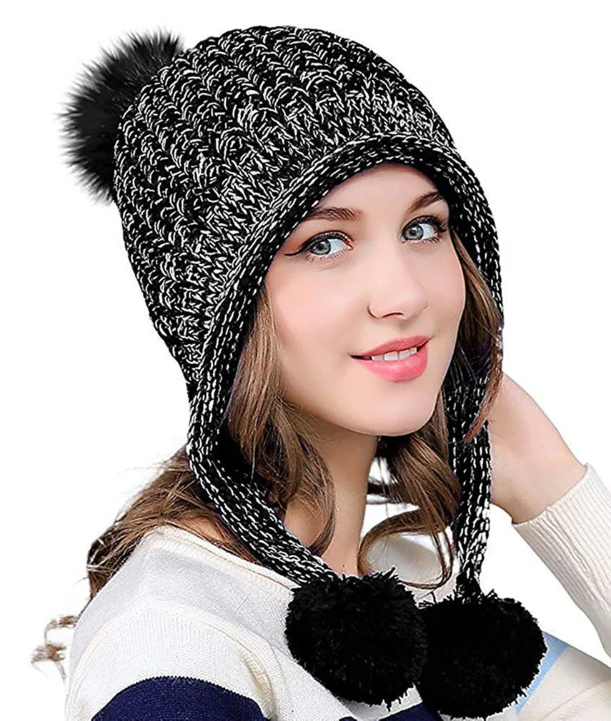 Зимняя Шапка-бини для женщин и девочек, теплая флисовая вязанная шапка с помпоном, милая шапка с черепом для активного отдыха
