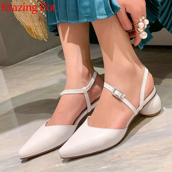 

Krazing pot new genuine leather buckle strap pointed toe slingback women sandals med heels party dancer brand summer shoes L9f1
