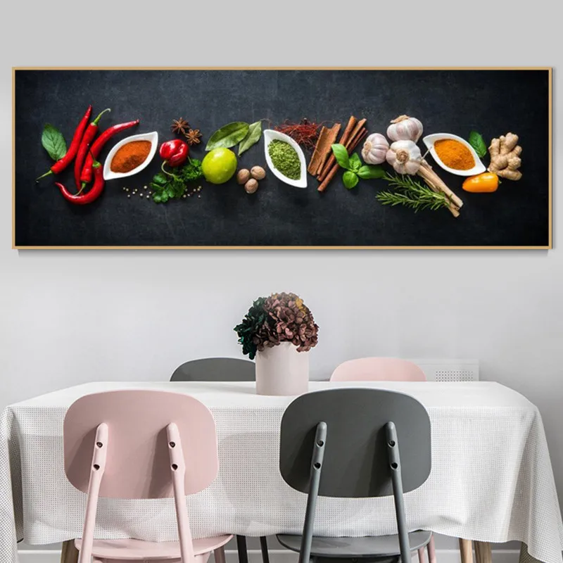 Kitchen Themed Wall Art Decor Vegetables And Seasoning In Table Canvas
