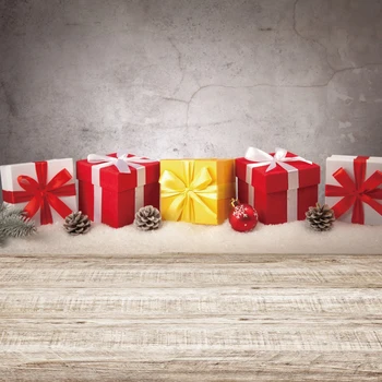 

Laeacco Christmas Boxes Gifts Ball Pine Cones Cement Wall Wooden Floor Backdrops Customized Photography Backgrounds Photo Studio