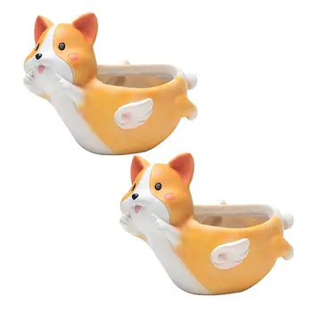 

2PCS Flowerpot Adorable Corgi Flower Pot Decor Artistic Resin Flower Pot Crafts Cartoon Corgi Dog Flowerpot For Office Hotel
