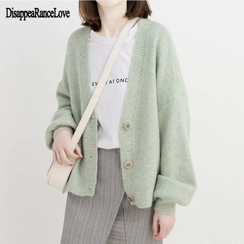 

2019 Women Cardigans Sweater V neck Solid Loose Knitwear Single Breasted Casual Knit Cardigan Outwear Winter Jacket