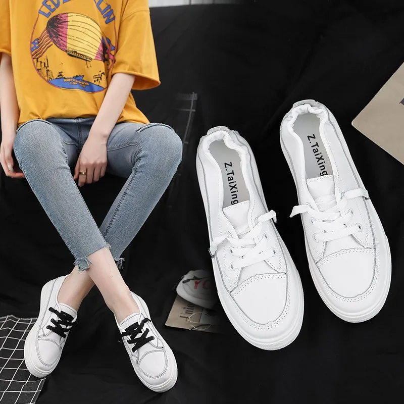 

White Shoes Women's 2019 Summer New Style Korean-style Low Top Lace-up WOMEN'S Shoes Solid Color Shallow Mouth round Students Ca