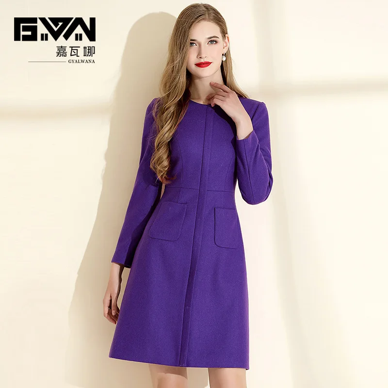 

GYALWANA Winter Purple Dress Women Thick Woolen High End A-line Dress with 2 Pockets O-neck Long Sleeved Clothes for Christmas