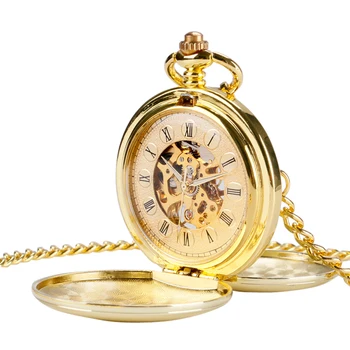 

Gold Both Side Open Mechanical Pocket Watch Rome Numerals Retro FOB Watch with Chain Steampunk Pocket Watches Man Jewelry Gifts
