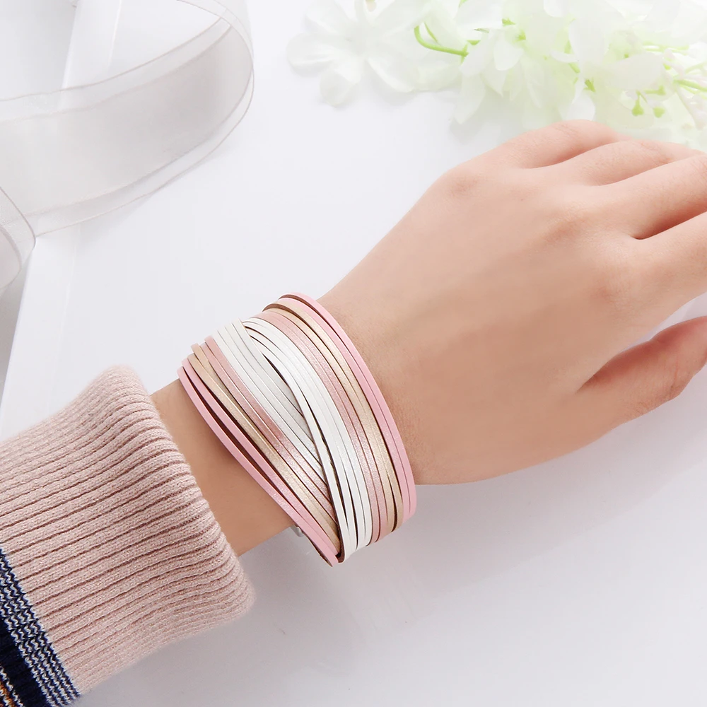 Bracelet Jewelry Multilayer Leather Bracelet For Women Magnet Clasp Charm Braided Wide Wrap Bangles