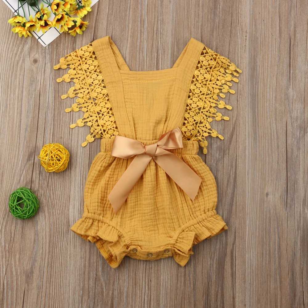 New 0-24M Newborn Toddler Girl Clothes Summer Ruffle Bodysuit Short Sleeve Lace Linen Cotton Jumpsuit Bow Bodysuit Clothing