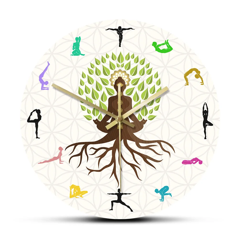 

Lotus Pose Tree Decorative Wall Clock Natural Energy For Meditation Wall Art Yoga Studio Tree Of Life Colorful Print Wall Clock