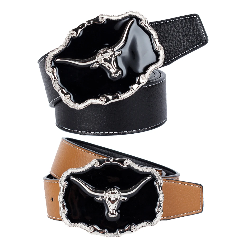 Western Cowboy Belt Oval Shape Metal Buffalo Head Buckle Fiber Genuine Leather Belt Strap 110-125cm