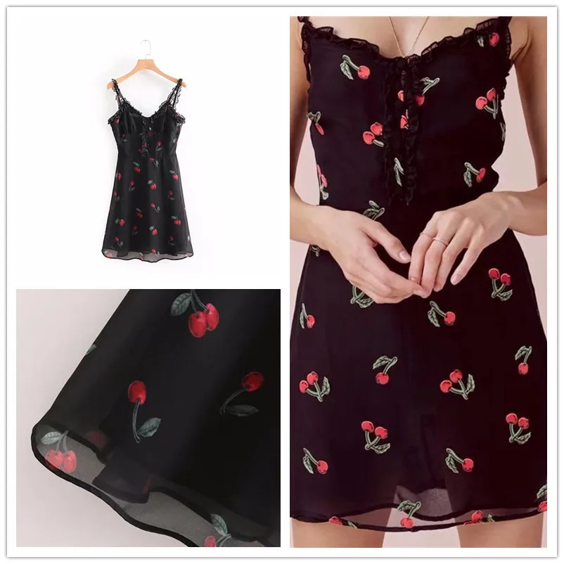 

Europe And America Dress 2018 Summer V-neck Cherry Printed Strapped Dress Slim Fit Slimming Short Skirt Cool GIRL'S S8488