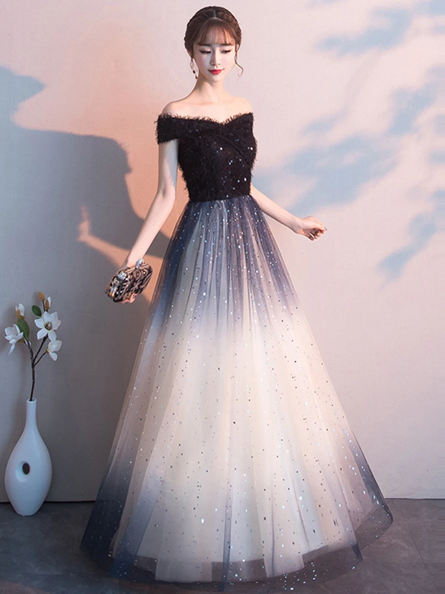 Evening Dress Off The Shoulder Formal Dresses Evening Gown Sequin Robe De Soiree Boat Neck Short Sleeve Formal Dress E103