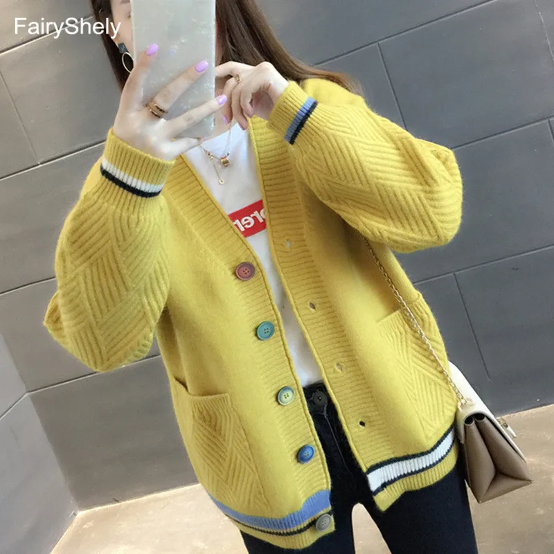 FairyShely Short sweater cardigan women Long sleeve streetwear ladies outwear jumper coat Casual female Girl winter sweater coat