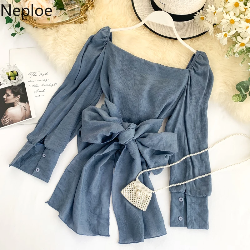 Neploe рубашка женская дизайн V образным вырезом крест галстук Blusas тонкая талия нерегулярные Ins блузка для женщин осень весна Ins Slim Fit топ