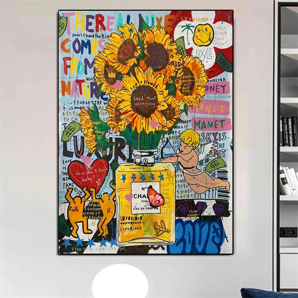 Canvas Painting Perfume Bottle And Sunflower Street Graffiti Art Poster Print Wall Picture For Living Room Home Decor