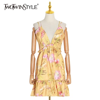 

TWOTWINSTYLE Vintage Print Women Dress V Neck Spaghetti Strap High Waist Mini Patchwork Ruffles Dresses Female Fashion 2020 Tide