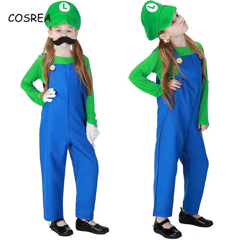 Super Mario Bros Luigi, шляпа сантехника, костюм с бородой, маскарадный костюм Марио, маскарадный костюм на Хэллоуин, нарядное платье для родителей и детей, взрослых, детей, женщин